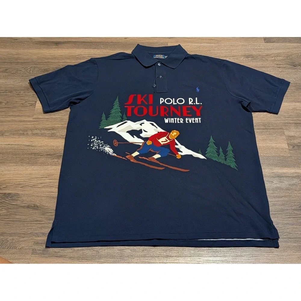 Polo Ralph Lauren Mens 4XB Navy Blue Ski Tourney Winter Event Graphic Polo Shirt